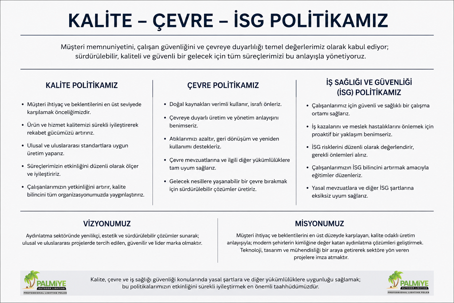 Palmiye Aydınlatma kalite çevre İSG politikası, vizyon ve misyon kurumsal politikaları