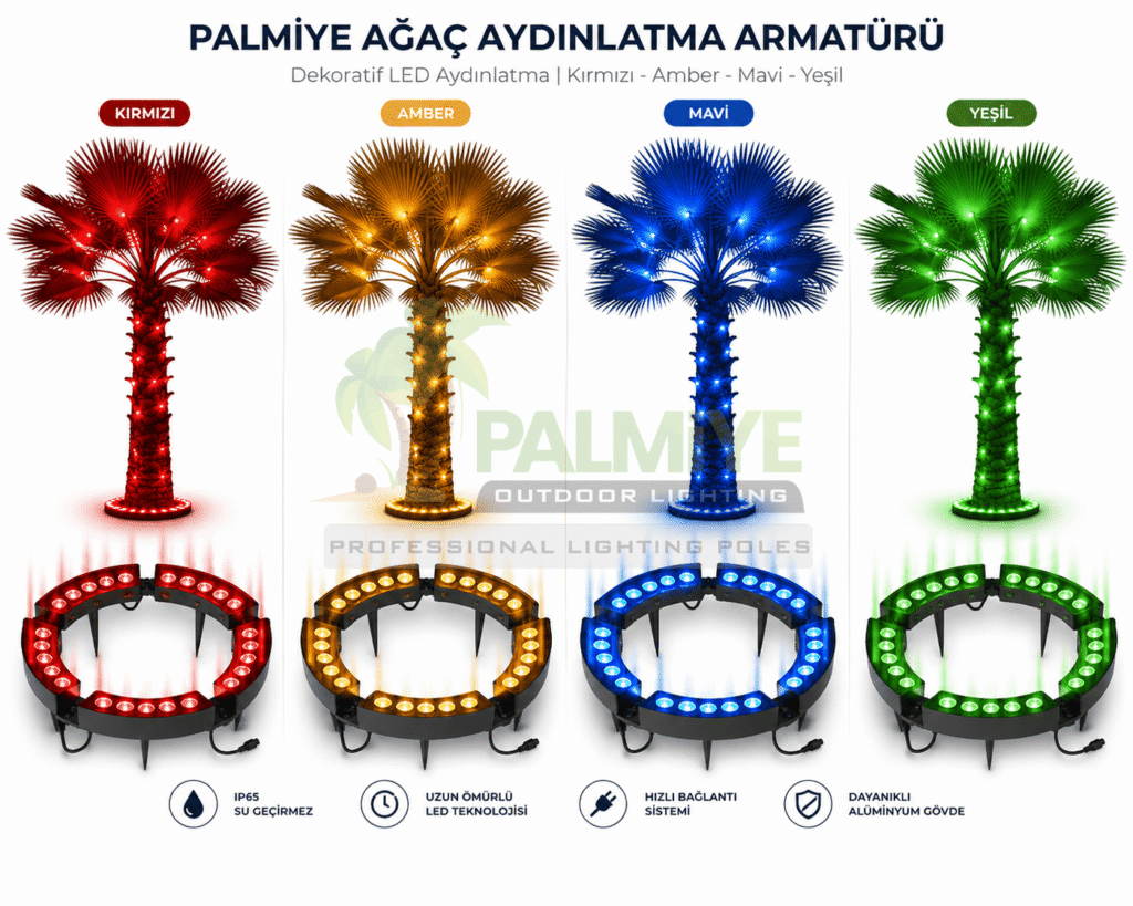 Palmiye ağaç aydınlatma armatürü kırmızı amber mavi yeşil LED