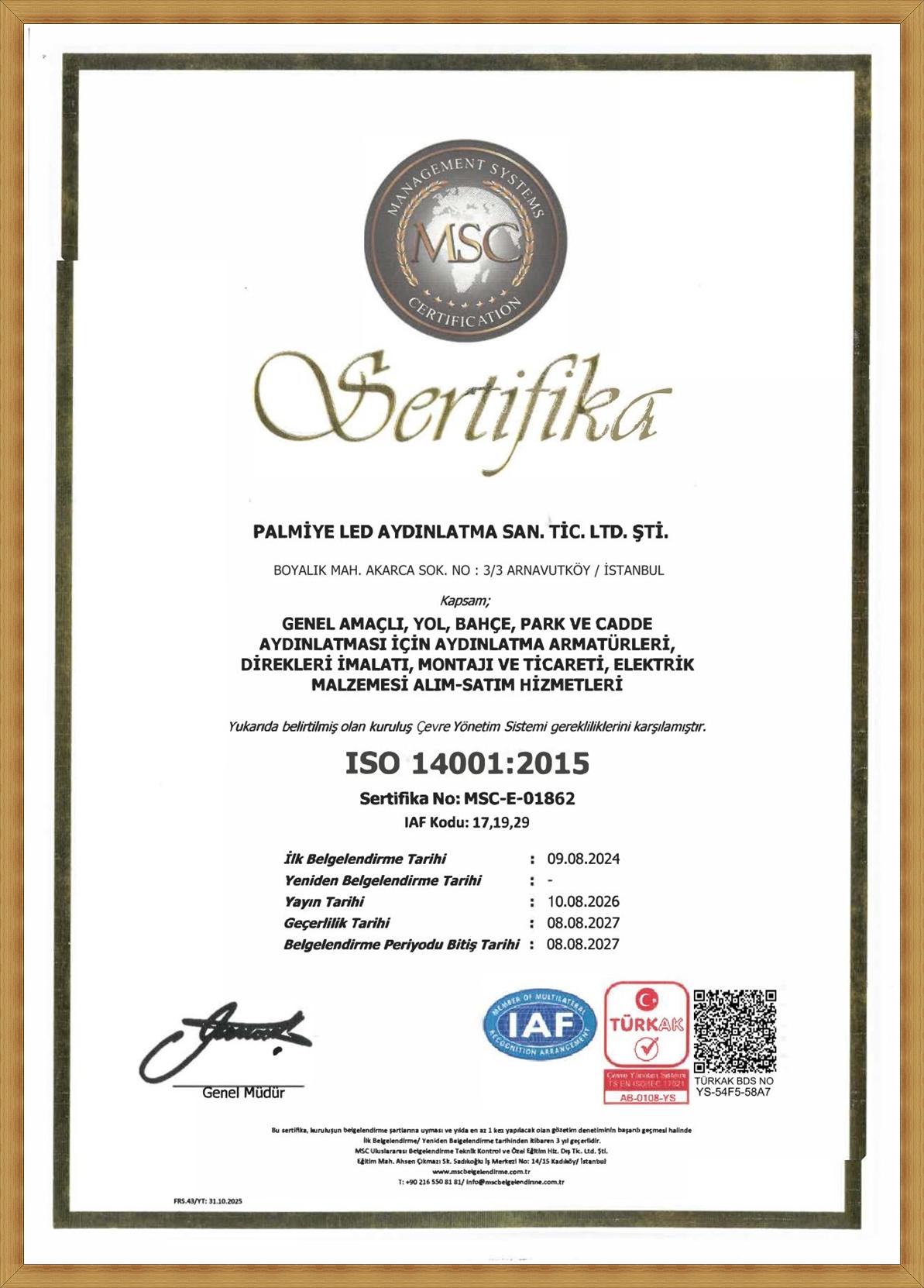 ISO 14001 çevre yönetim sistemi belgesi