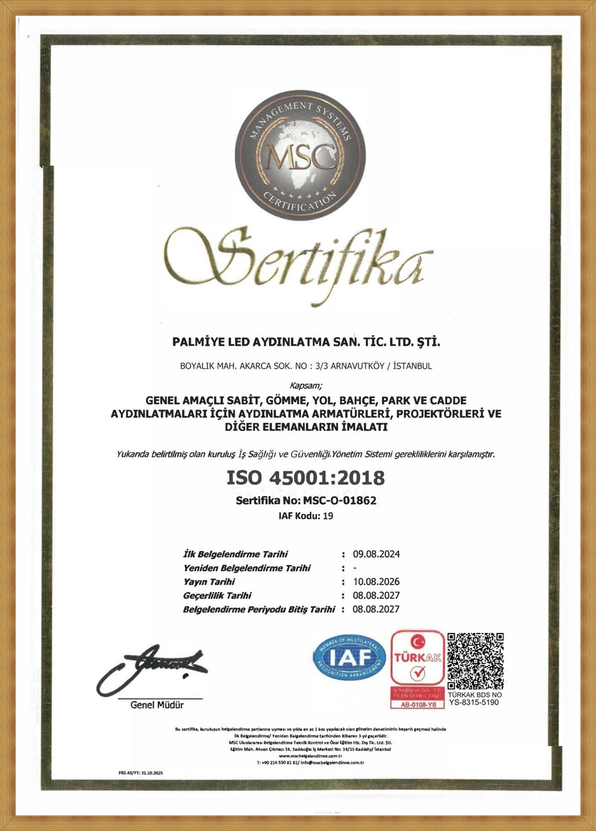 ISO 45001 iş sağlığı ve güvenliği belgesi