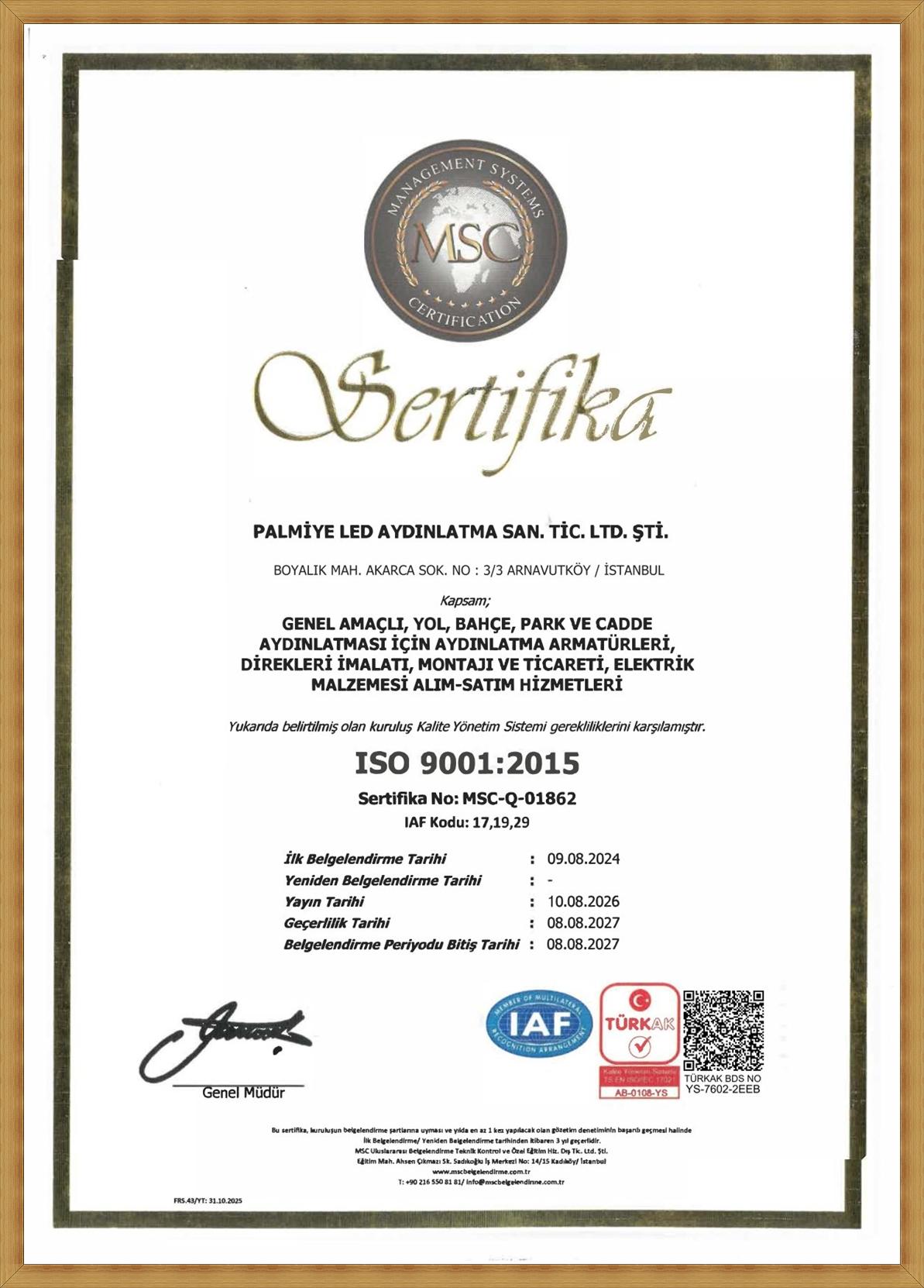ISO 9001 kalite yönetim sistemi belgesi