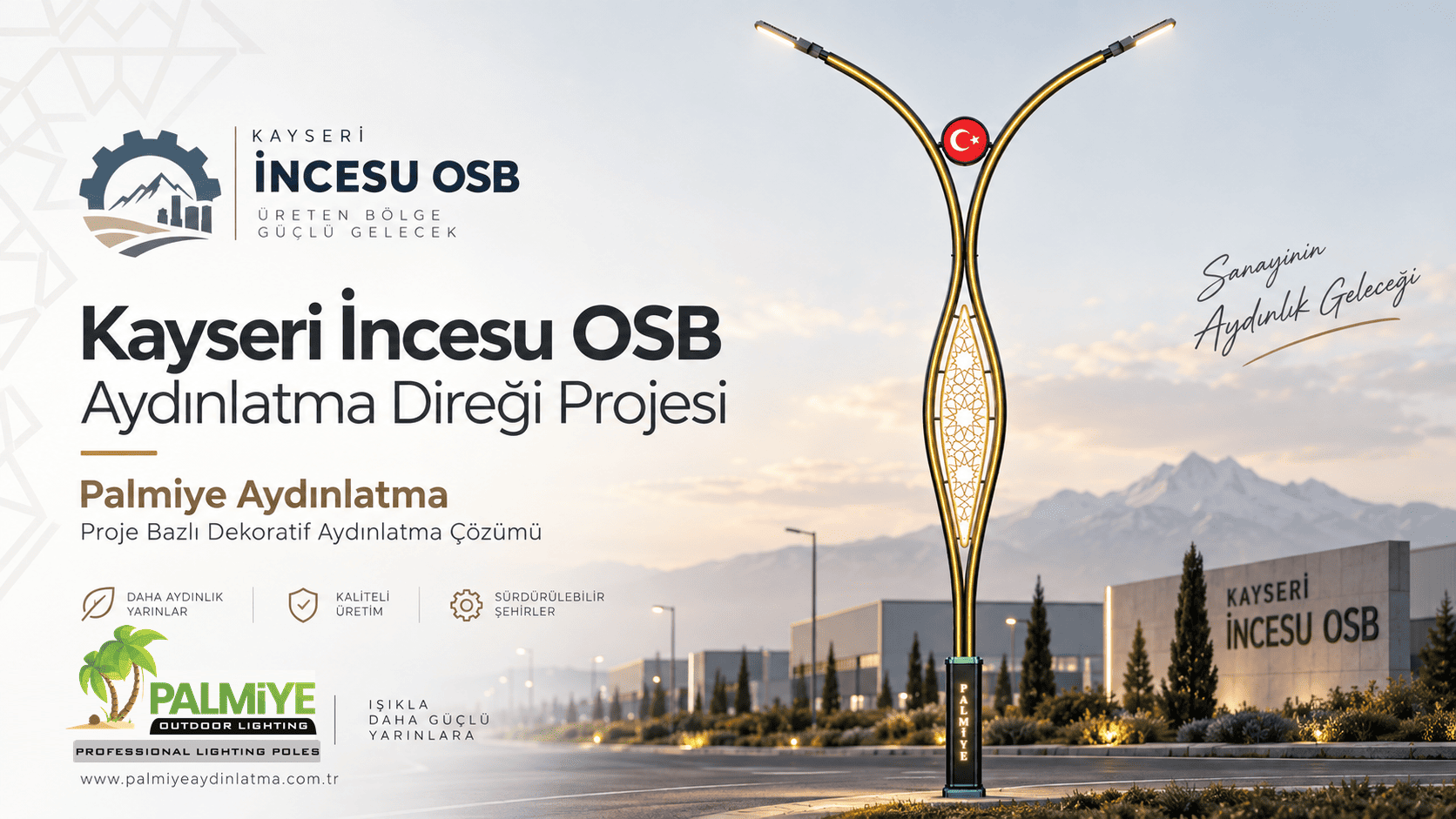 Kayseri İncesu OSB aydınlatma direği projesi için Palmiye Aydınlatma dekoratif aydınlatma direği